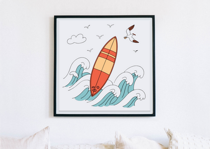 Cadre décoratif avec thème marin et icône surf pour une déco moderne