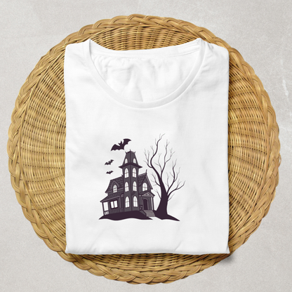 T-shirt avec maison hantée et chauve-souris, design gothique pour Halloween