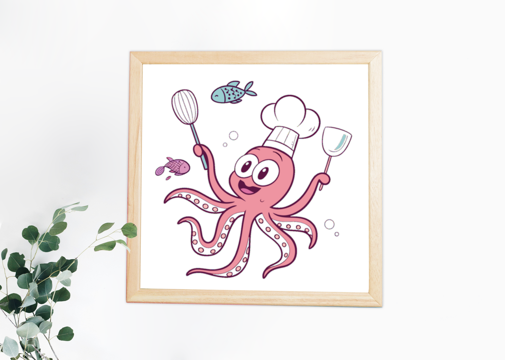Cadre présentant un dessin cartoon d'un poulpe cuistot joyeux en cuisine ludique