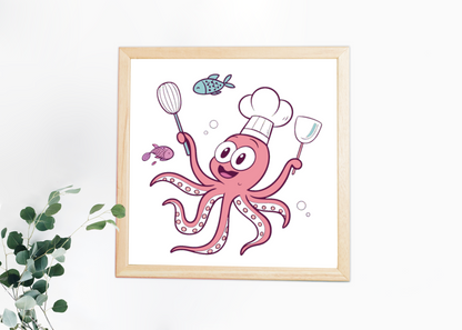Cadre présentant un dessin cartoon d'un poulpe cuistot joyeux en cuisine ludique