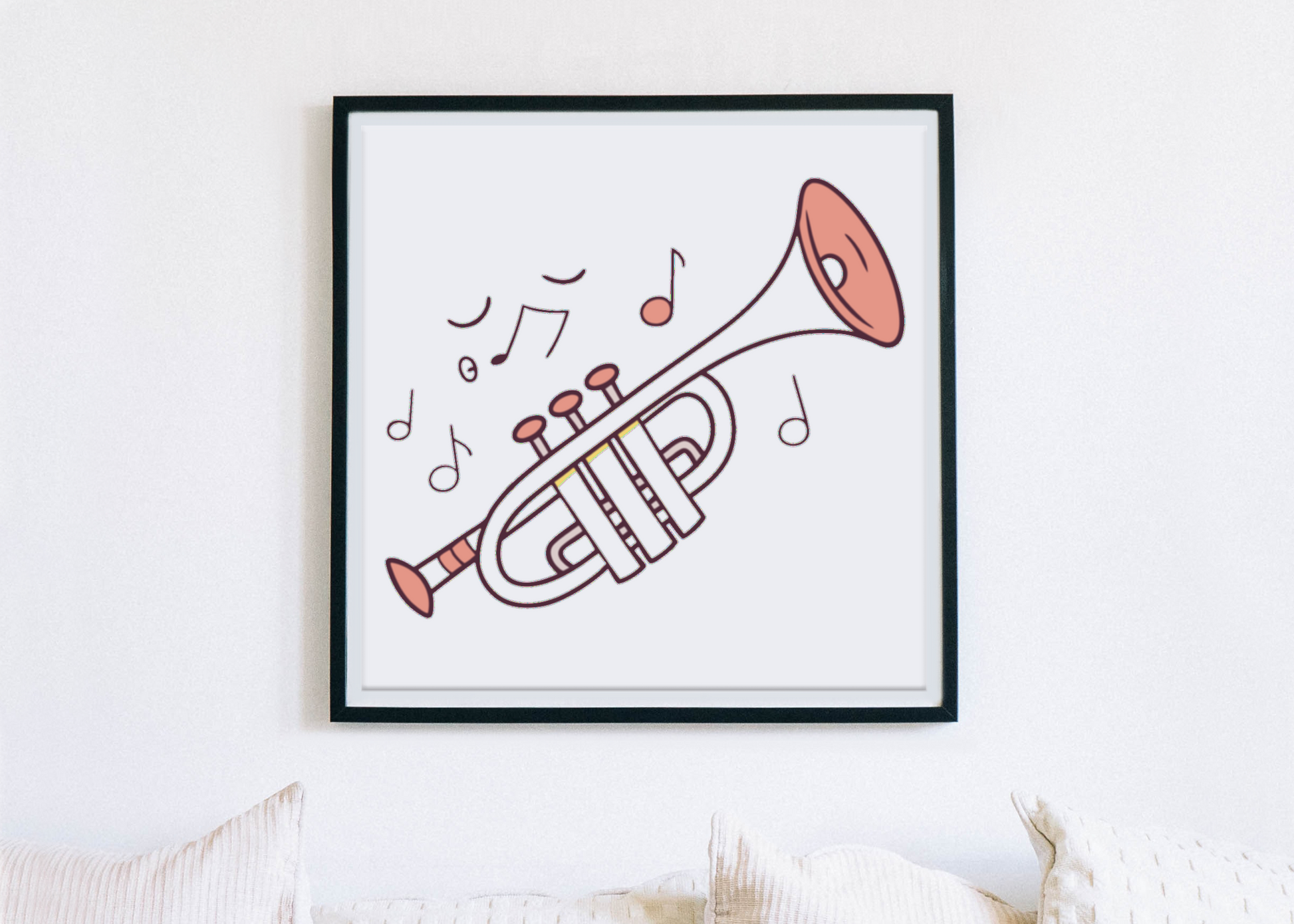 Cadre avec icône décorative de trompette dans un style dessin pour thème musical