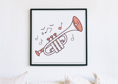 Cadre avec icône décorative de trompette dans un style dessin pour thème musical