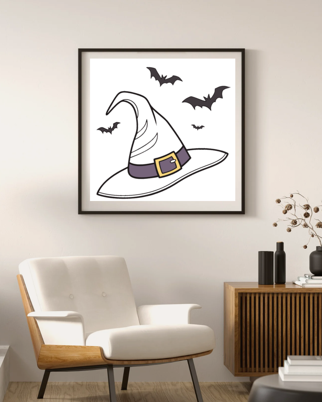 Cadre aux motifs enchantés avec chapeau de sorcière et chauves-souris pour Halloween