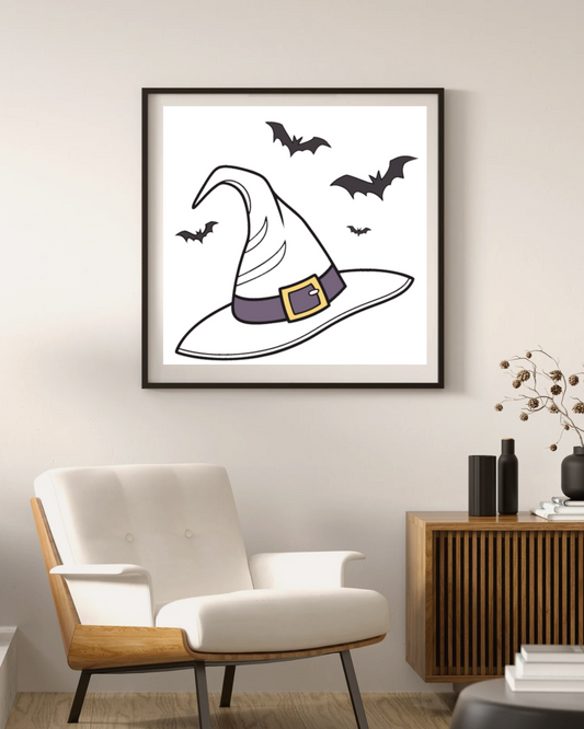 Cadre aux motifs enchantés avec chapeau de sorcière et chauves-souris pour Halloween