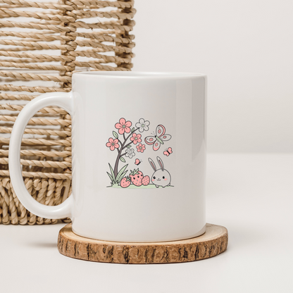 Mug décoré d'un lapin joyeux avec papillons dans des teintes pastels printanières