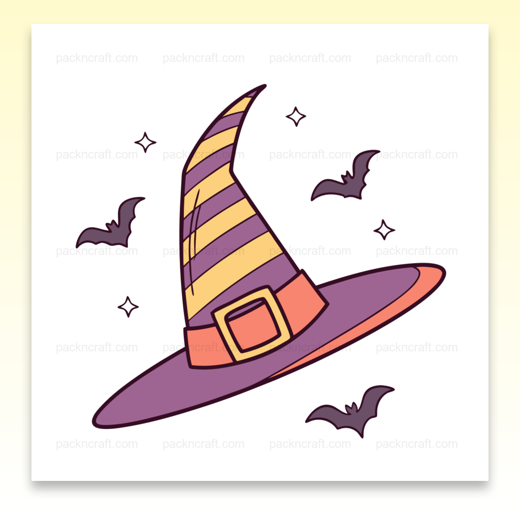 Illustration d'un chapeau de sorcière avec chauves-souris pour Halloween, fichier SVG numérique.