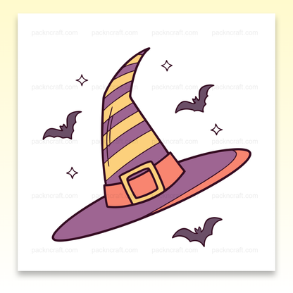Illustration d'un chapeau de sorcière avec chauves-souris pour Halloween, fichier SVG numérique.