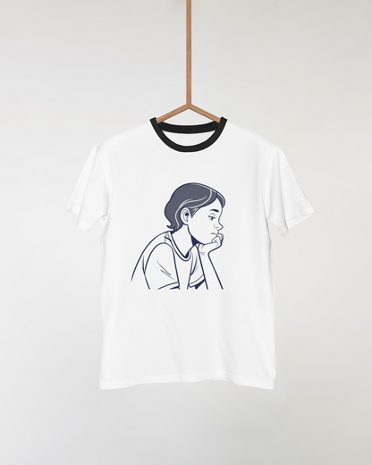 T-shirt montrant un enfant réfléchi façon numérique pour un style moderne et unique