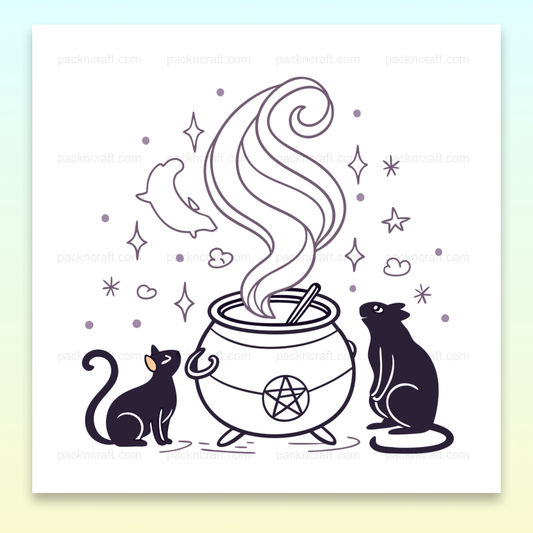 Illustration de chats autour d'un chaudron magique, fichier SVG pour projets créatifs