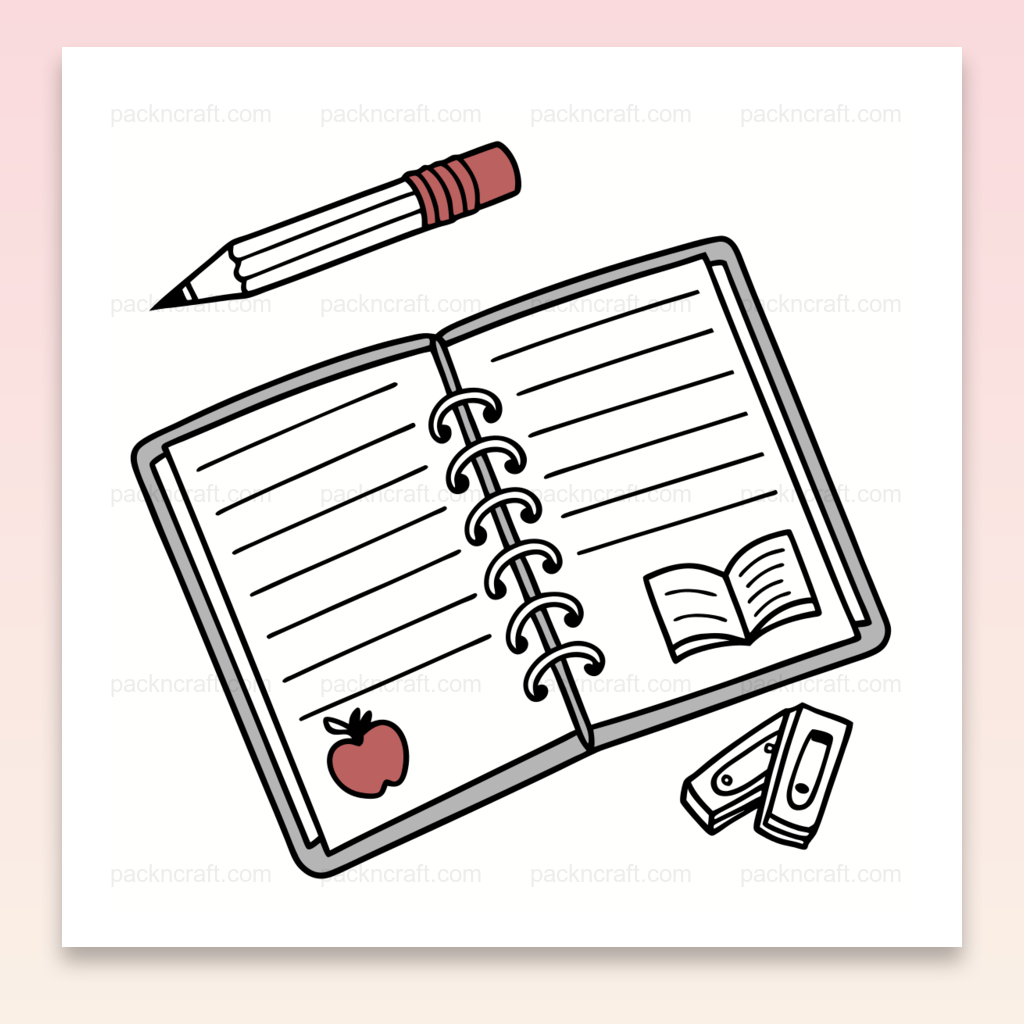 Illustration minimaliste d'un carnet d'école avec crayon pour usage éducatif et papeterie