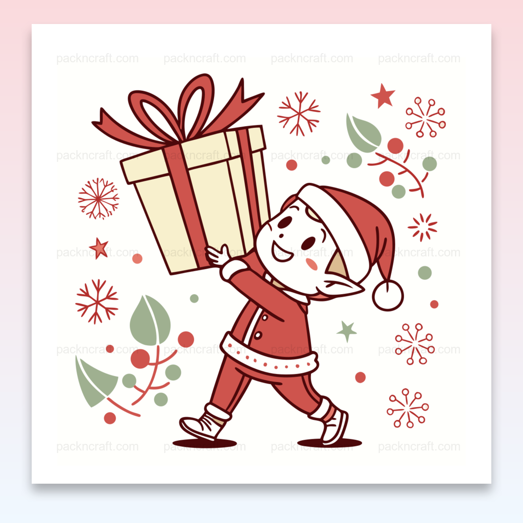 Lutin joyeux portant un cadeau, illustration vectorielle pour décorations de Noël et projet DIY
