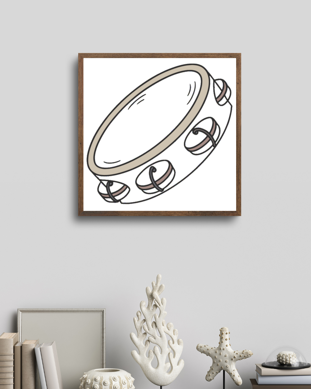 Cadre avec tambourin enjoué au style pastel créant une ambiance musicale