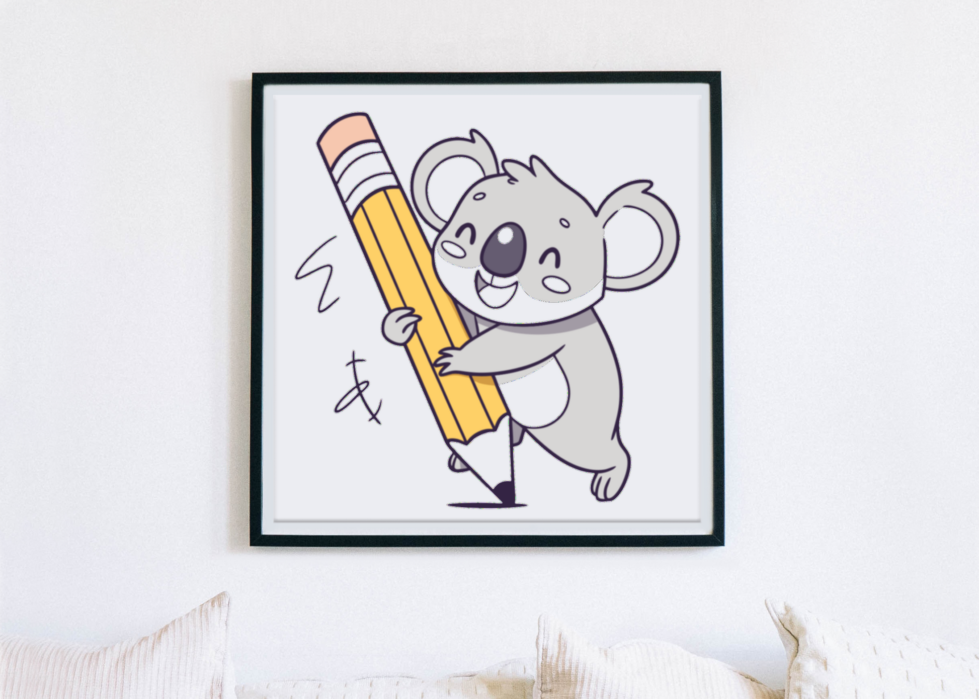 Cadre adorable avec un koala joyeux tenant un crayon géant décoratif et ludique