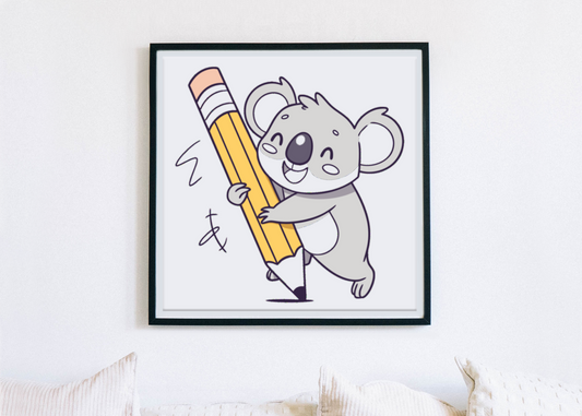 Cadre adorable avec un koala joyeux tenant un crayon géant décoratif et ludique