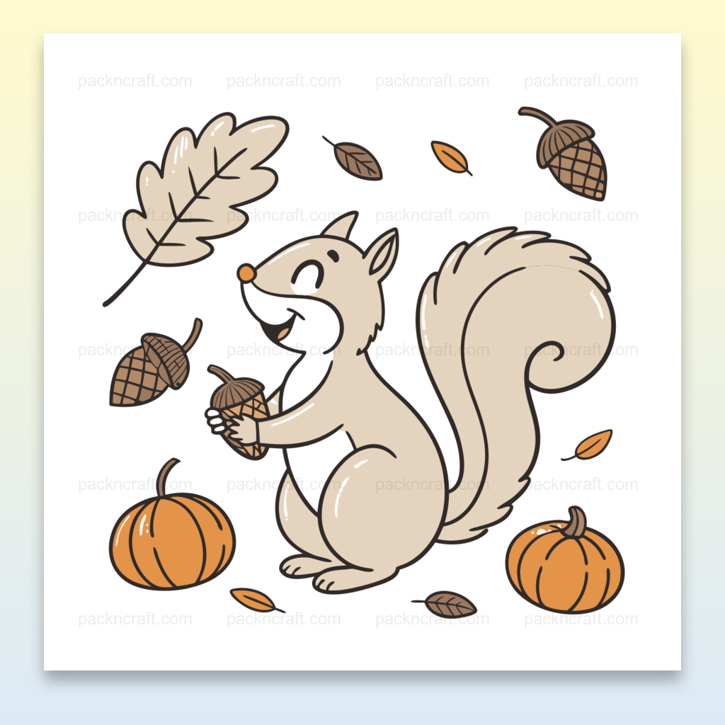 Écureuil joyeux avec glands dans une scène automnale, illustration SVG