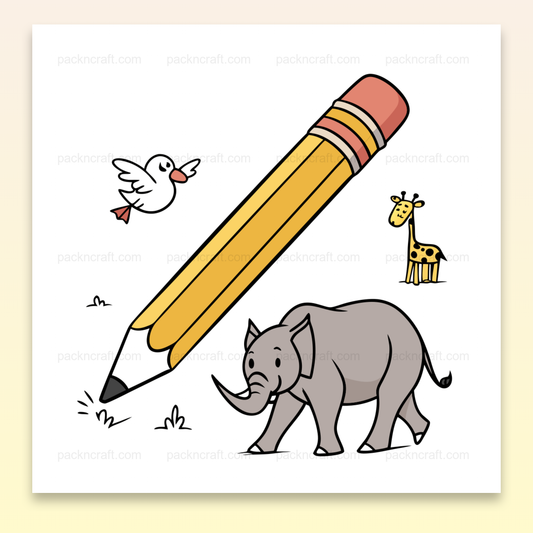 Illustration d'un crayon géant avec un éléphant, une girafe et un oiseau en style cartoon pour projets créatifs et éducatifs.