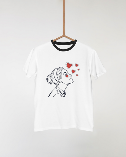 T-shirt avec icône minimaliste jeune femme et cœurs flottants ambiance artistique