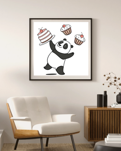 Mockup cadre accueillant un panda jonglant des gâteaux style déco délicate