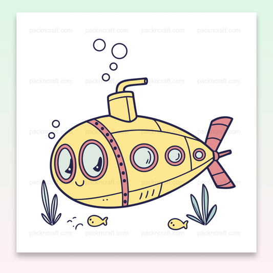 Illustration de sous-marin joyeux, parfait pour projets aquatiques et créatifs.