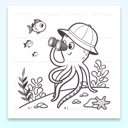 Poulpe explorateur admirant la vie marine, parfait pour stickers et projets DIY.
