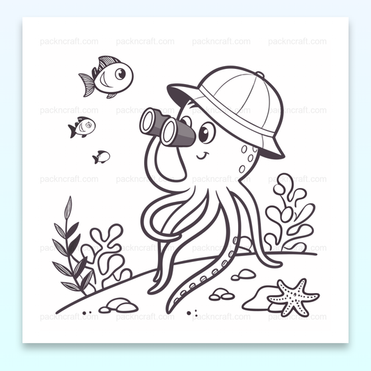 Poulpe explorateur admirant la vie marine, parfait pour stickers et projets DIY.