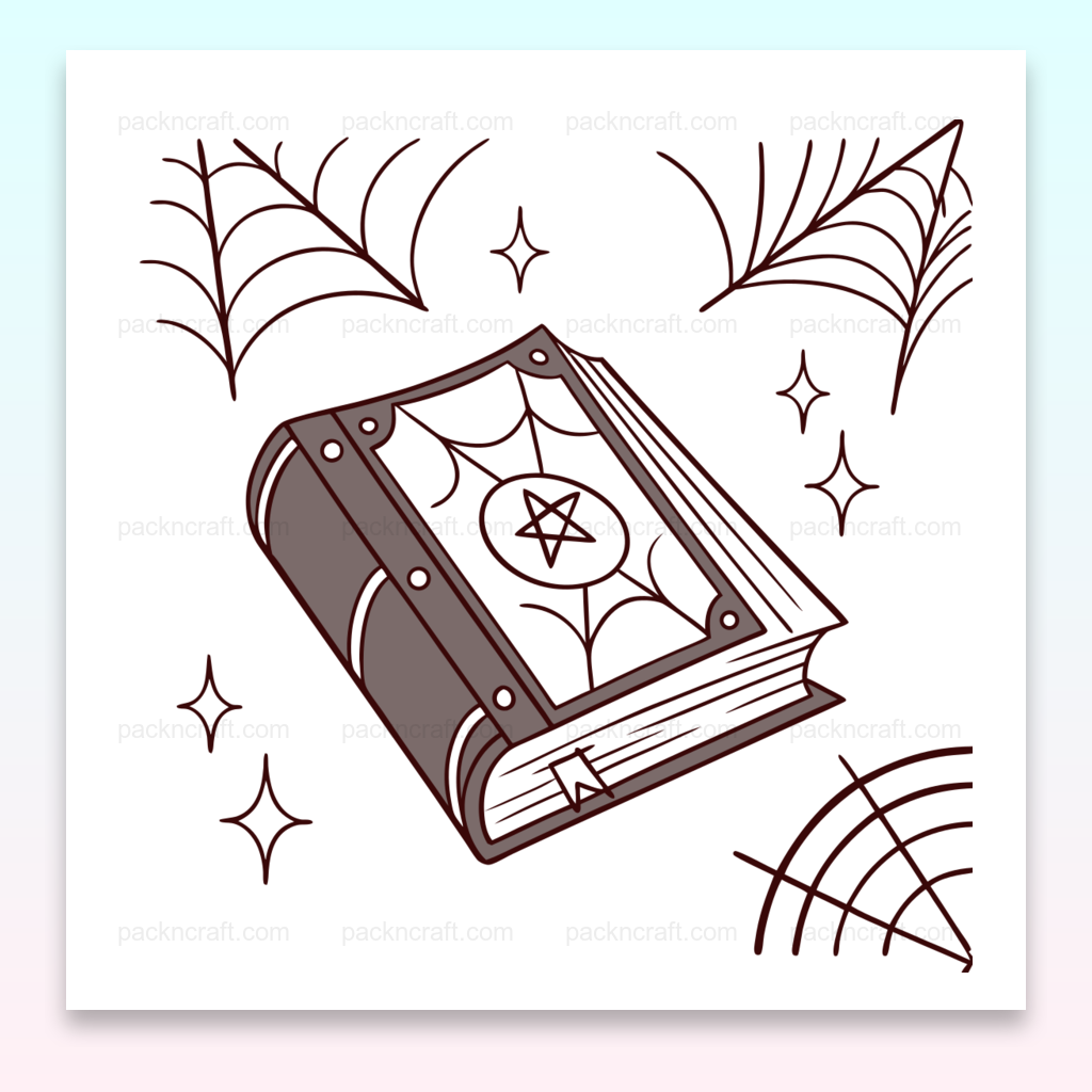 Illustration de grimoire mystique avec toiles d'araignée, idéale pour projets créatifs.