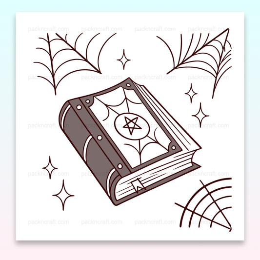 Illustration de grimoire mystique avec toiles d'araignée, idéale pour projets créatifs.