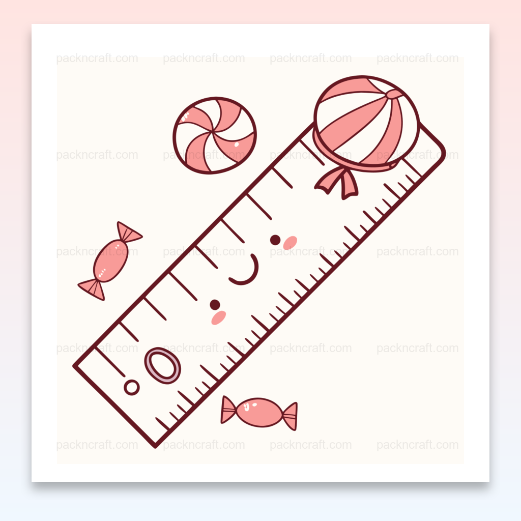 Illustration kawaii d'une règle souriante entourée de bonbons. Usage DIY, papeterie.