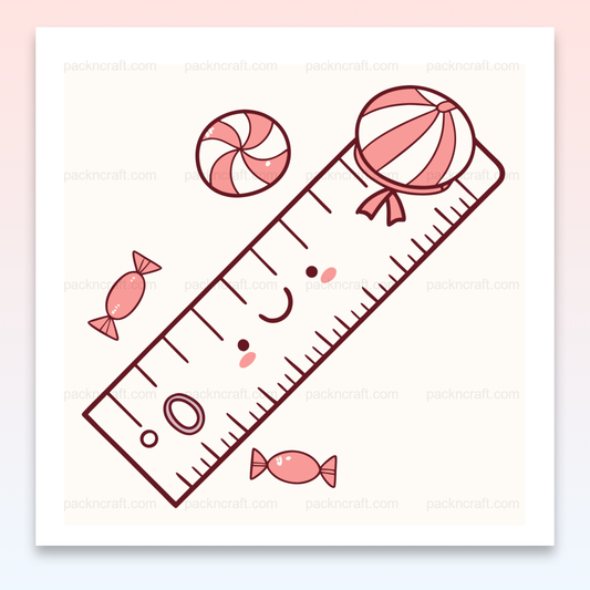 Illustration kawaii d'une règle souriante entourée de bonbons. Usage DIY, papeterie.