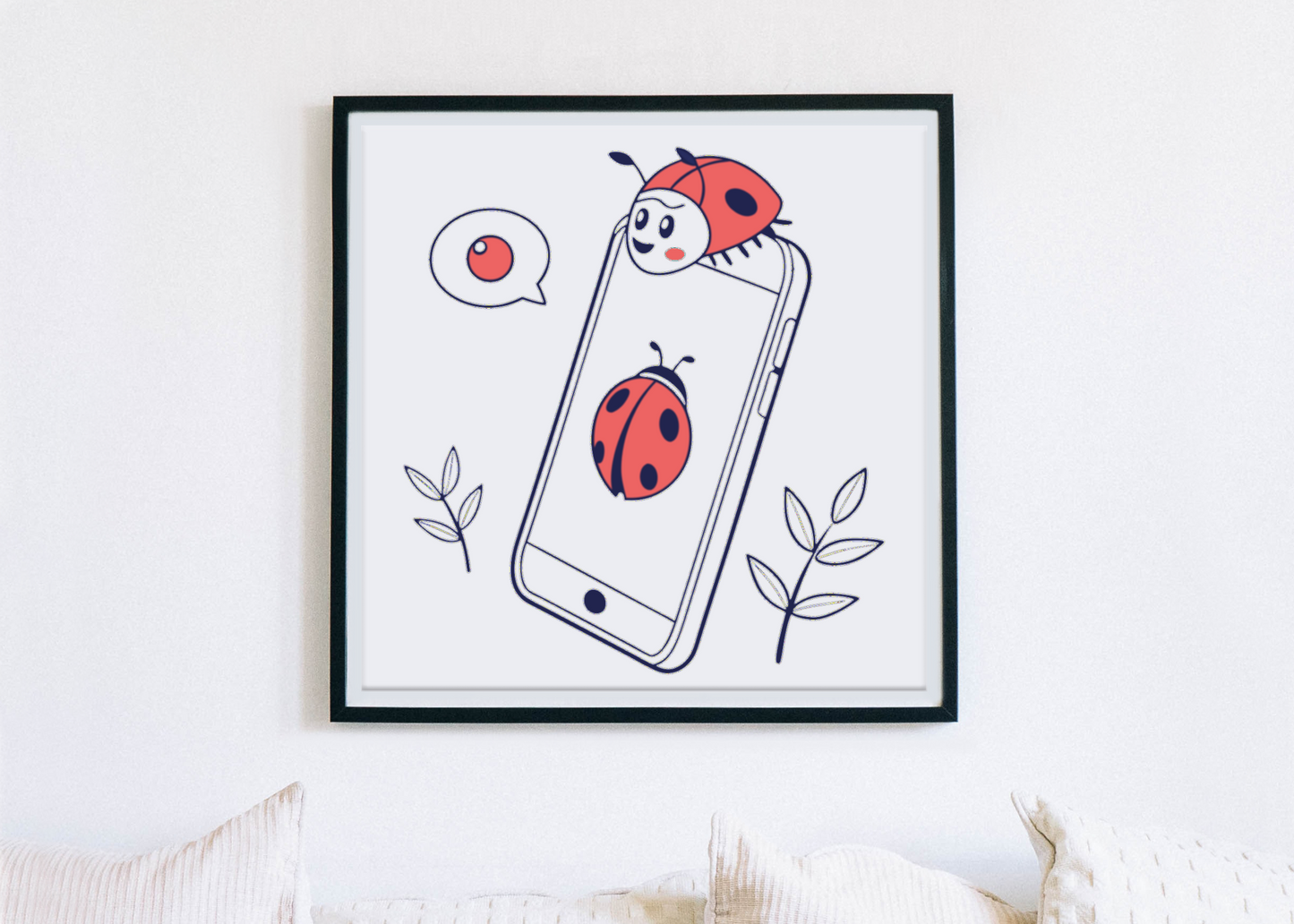 Cadre avec coccinelle doodle connectée alliant nature et technologie