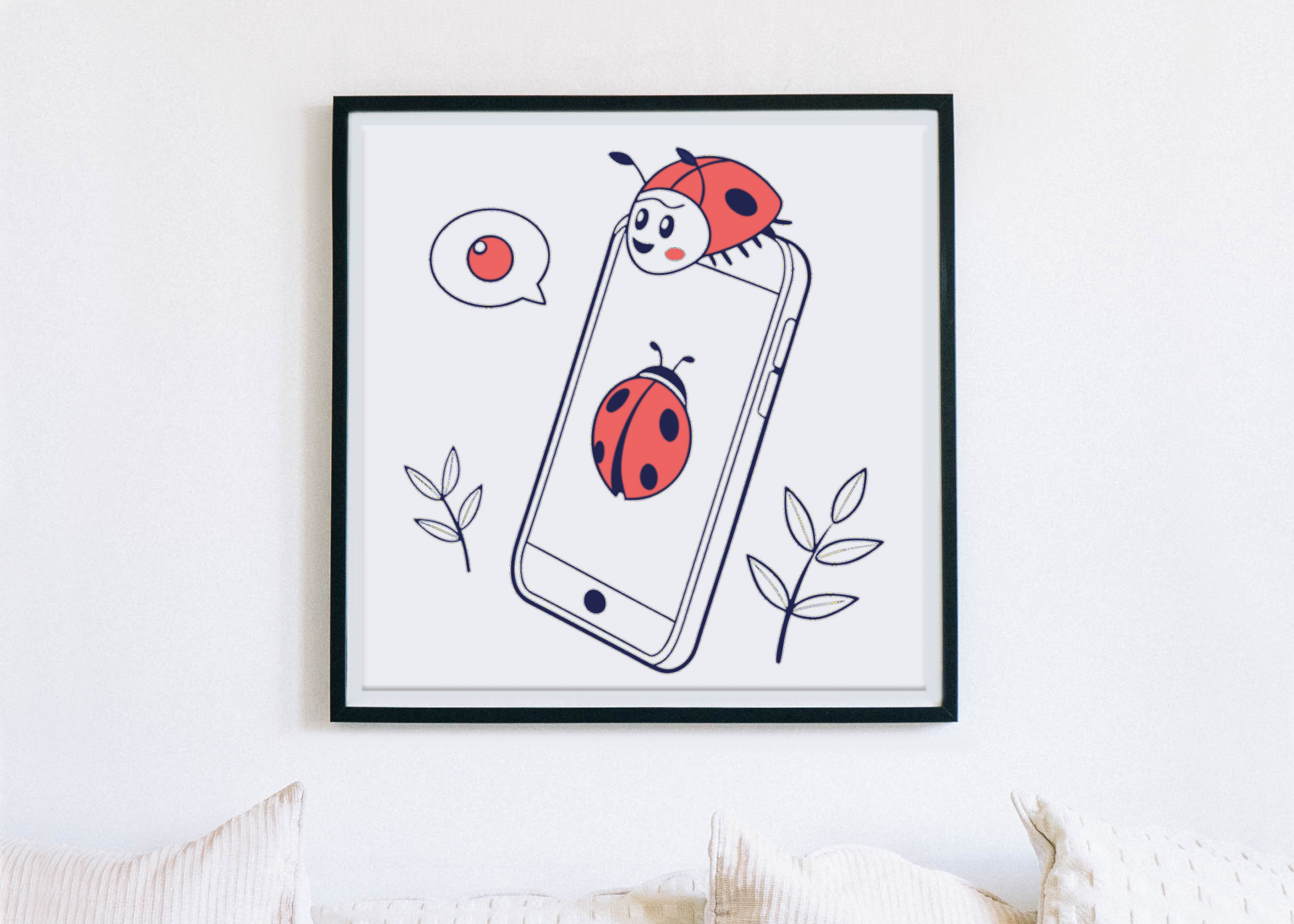 Cadre avec coccinelle doodle connectée alliant nature et technologie