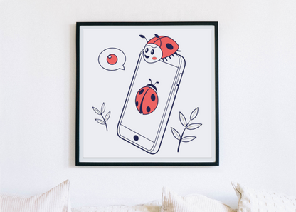 Cadre avec coccinelle doodle connectée alliant nature et technologie