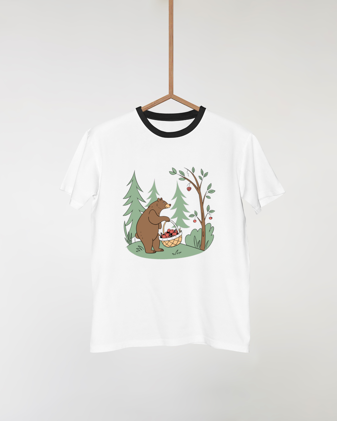 T-shirt avec ours en style vectoriel doux dans une forêt magique