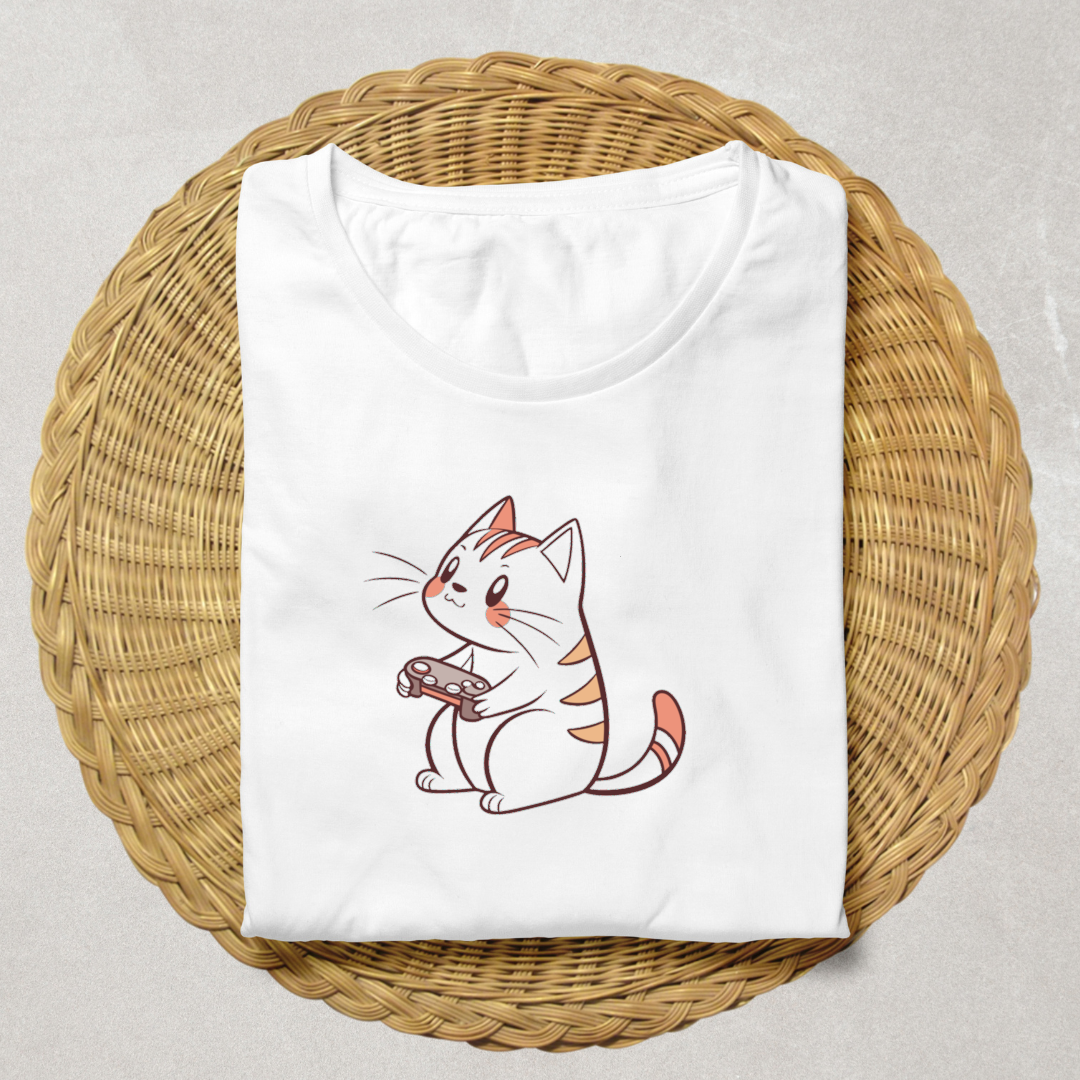 T-shirt avec chat kawaii joueur, ambiance détente et gaming fun