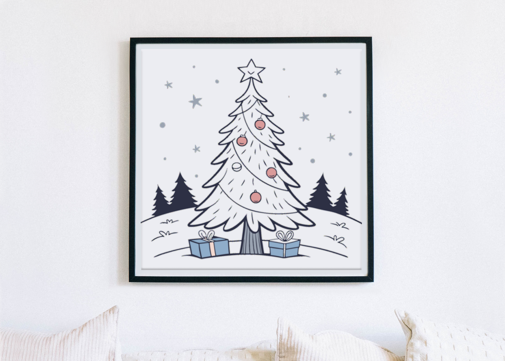 Cadre mettant en valeur un sapin minimaliste évoquant l'esprit festif de Noël