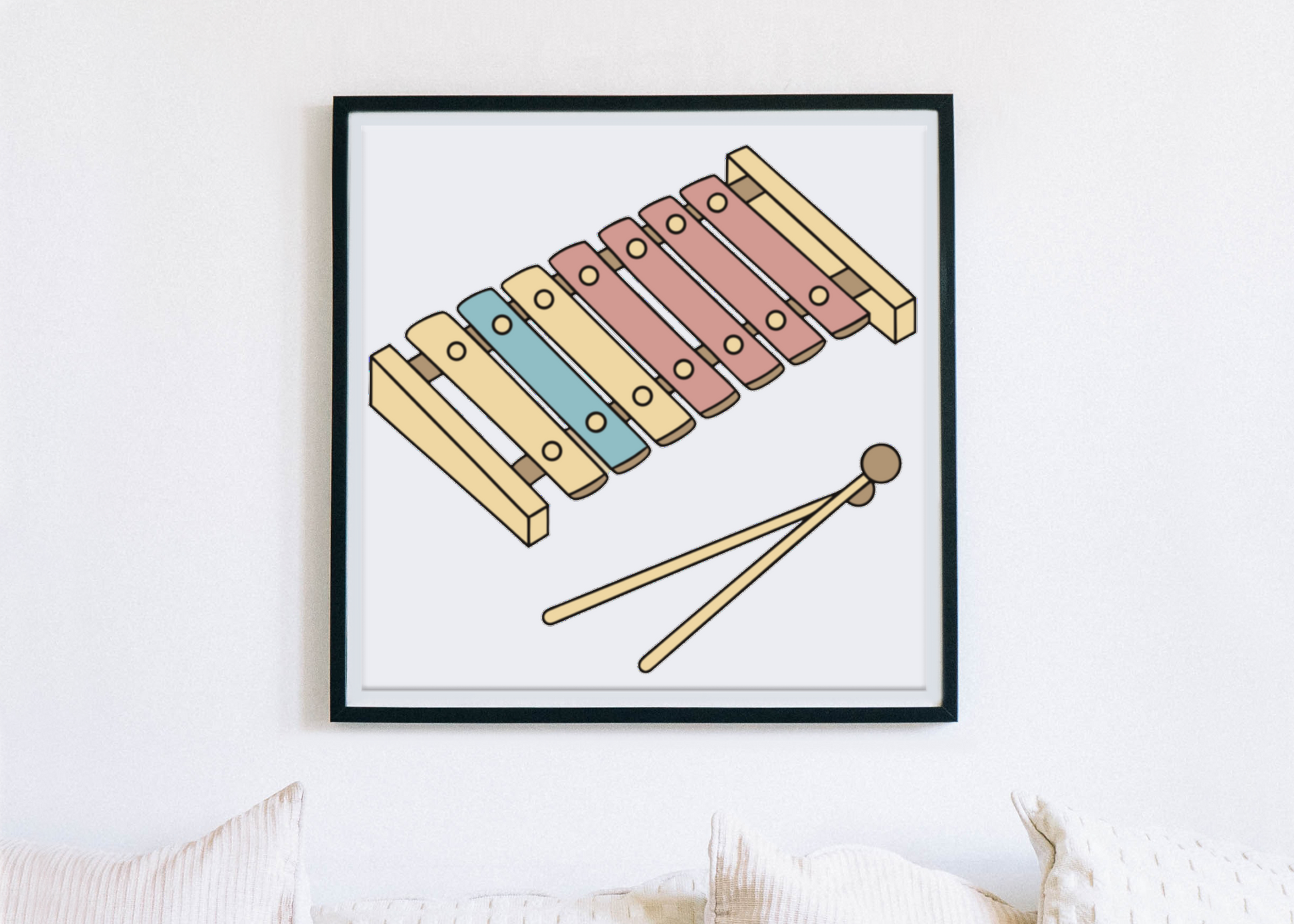 Cadre montrant un xylophone pastel vectoriel sur fond clair pour décoration murale
