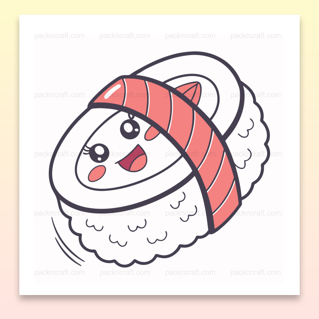 Illustration kawaii de sushi heureux en vol, idéale pour DIY, papeterie et déco.