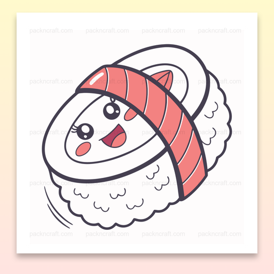 Illustration kawaii de sushi heureux en vol, idéale pour DIY, papeterie et déco.