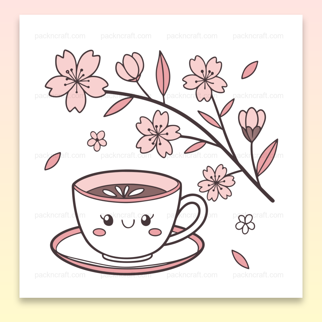 Illustration kawaii d'une tasse souriante entourée de fleurs de sakura pour usage printanier.
