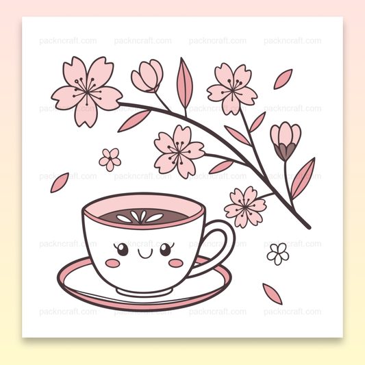Illustration kawaii d'une tasse souriante entourée de fleurs de sakura pour usage printanier.
