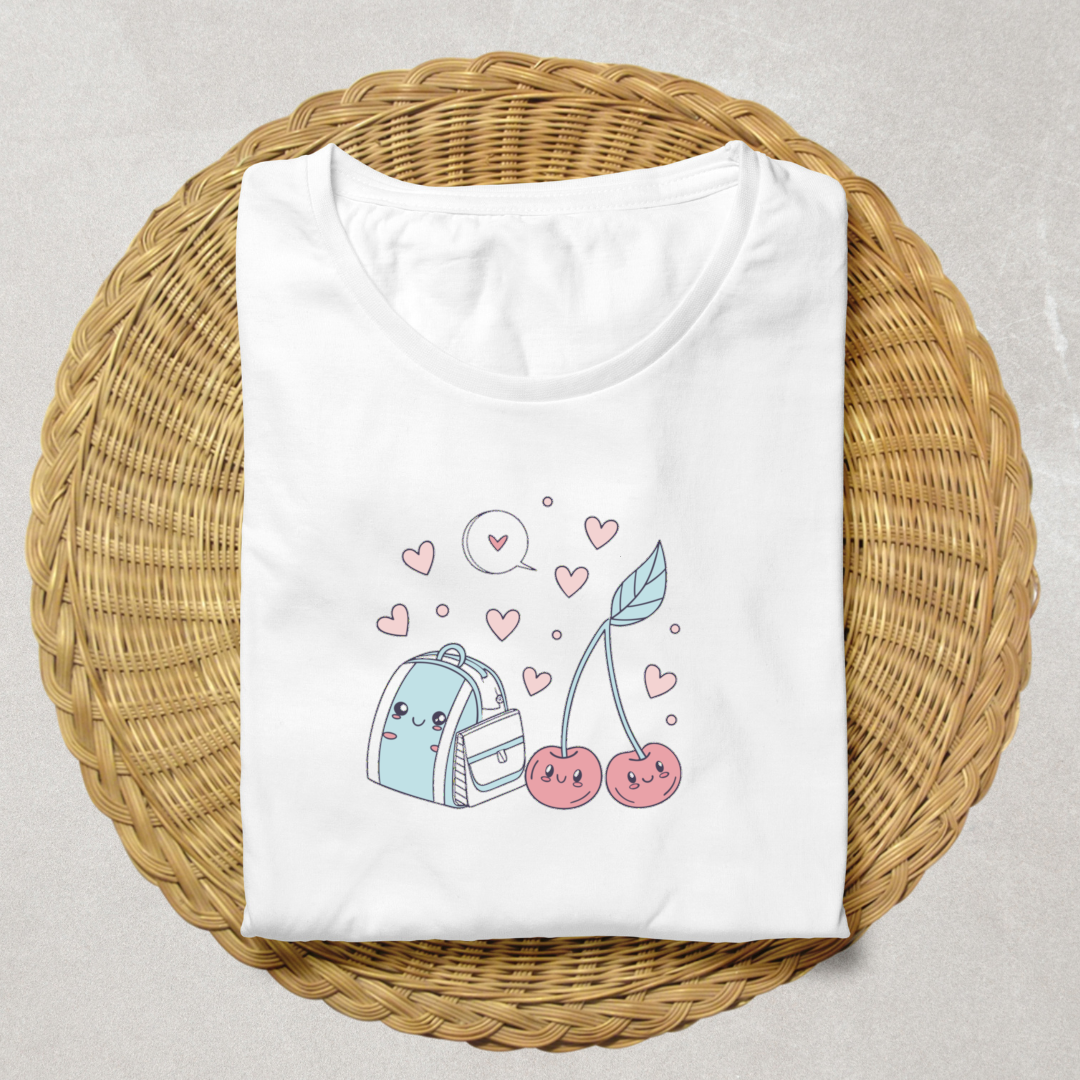 T-shirt avec cerises souriantes dans des tons pastels, parfait pour la rentrée