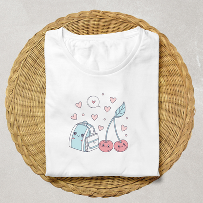 T-shirt avec cerises souriantes dans des tons pastels, parfait pour la rentrée