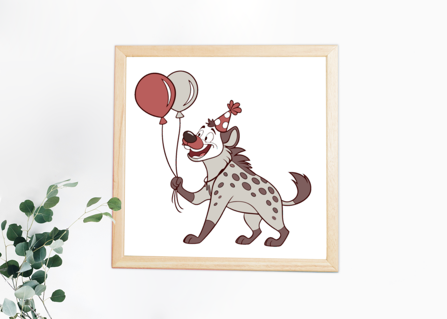 Cadre décoratif coloré avec hyène festive portant des ballons dans un style cartoon