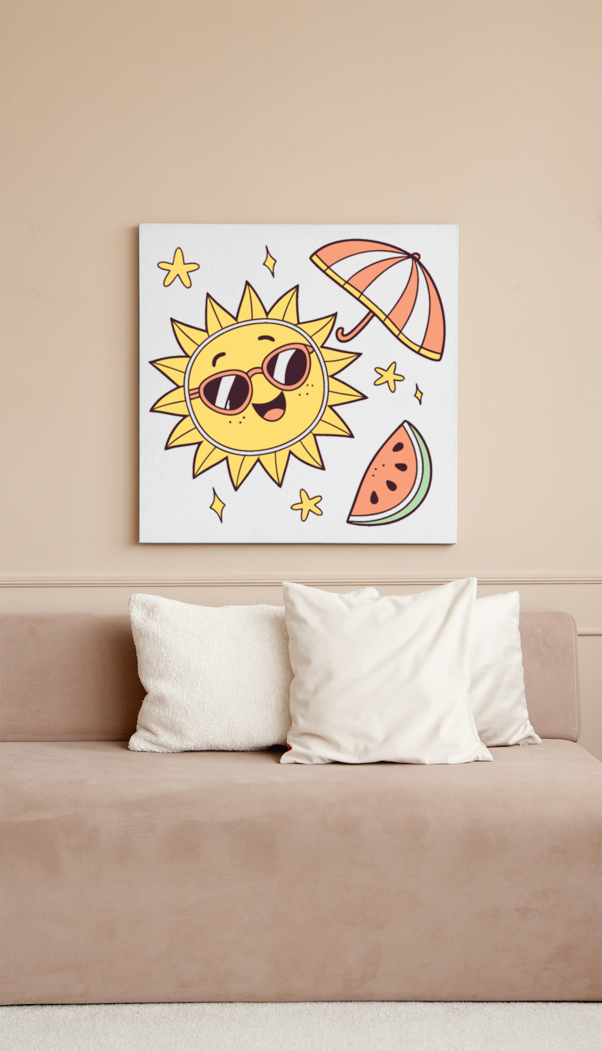 Cadre estival avec un soleil joyeux et parasol coloré, idéal pour illuminer votre déco