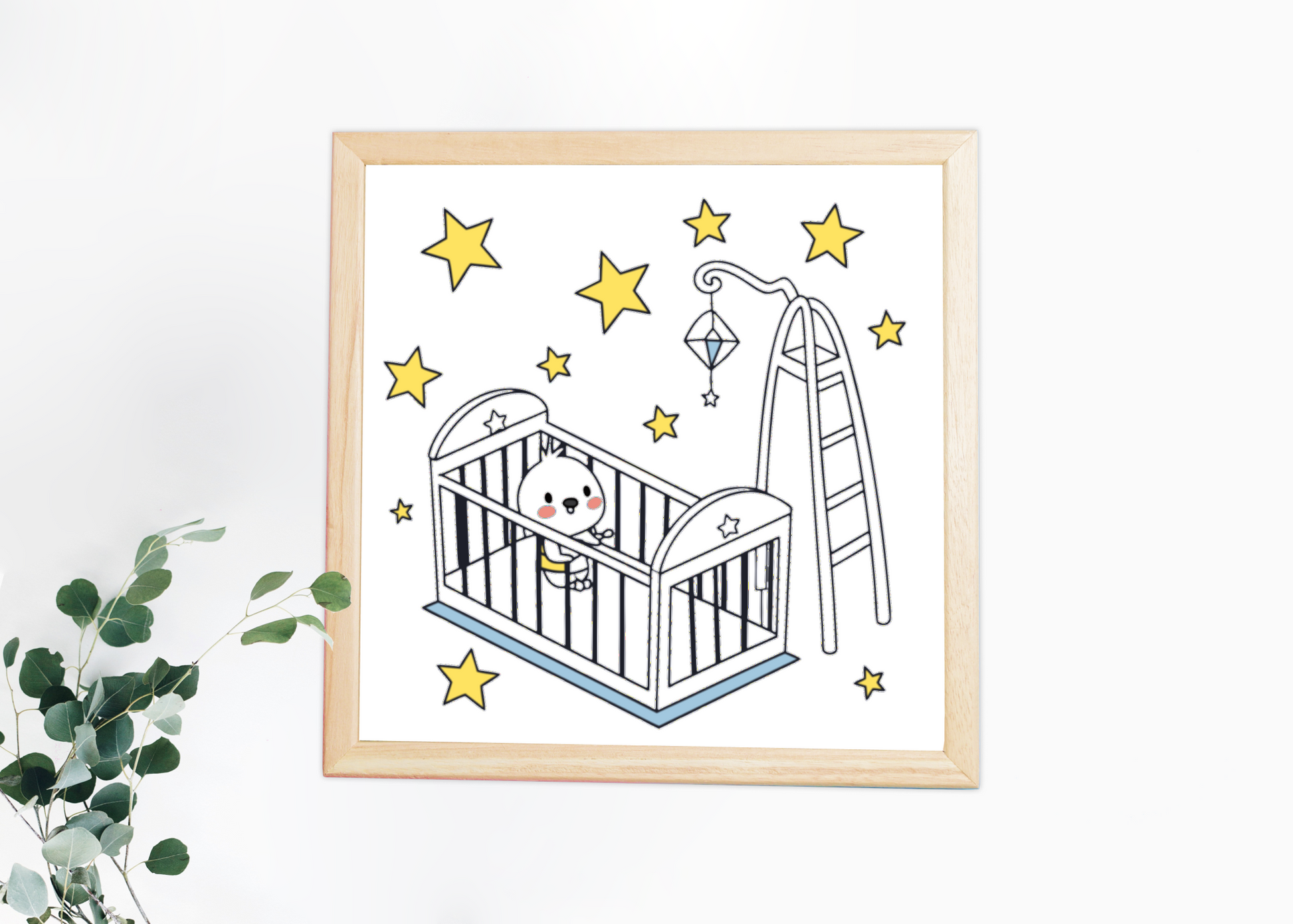 Cadre déco avec illustration berceau étoilé, parfait pour chambre.