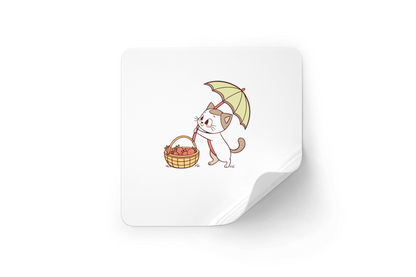 Sticker kawaii avec chat mignon sous un parapluie, parfait pour décorer vos objets