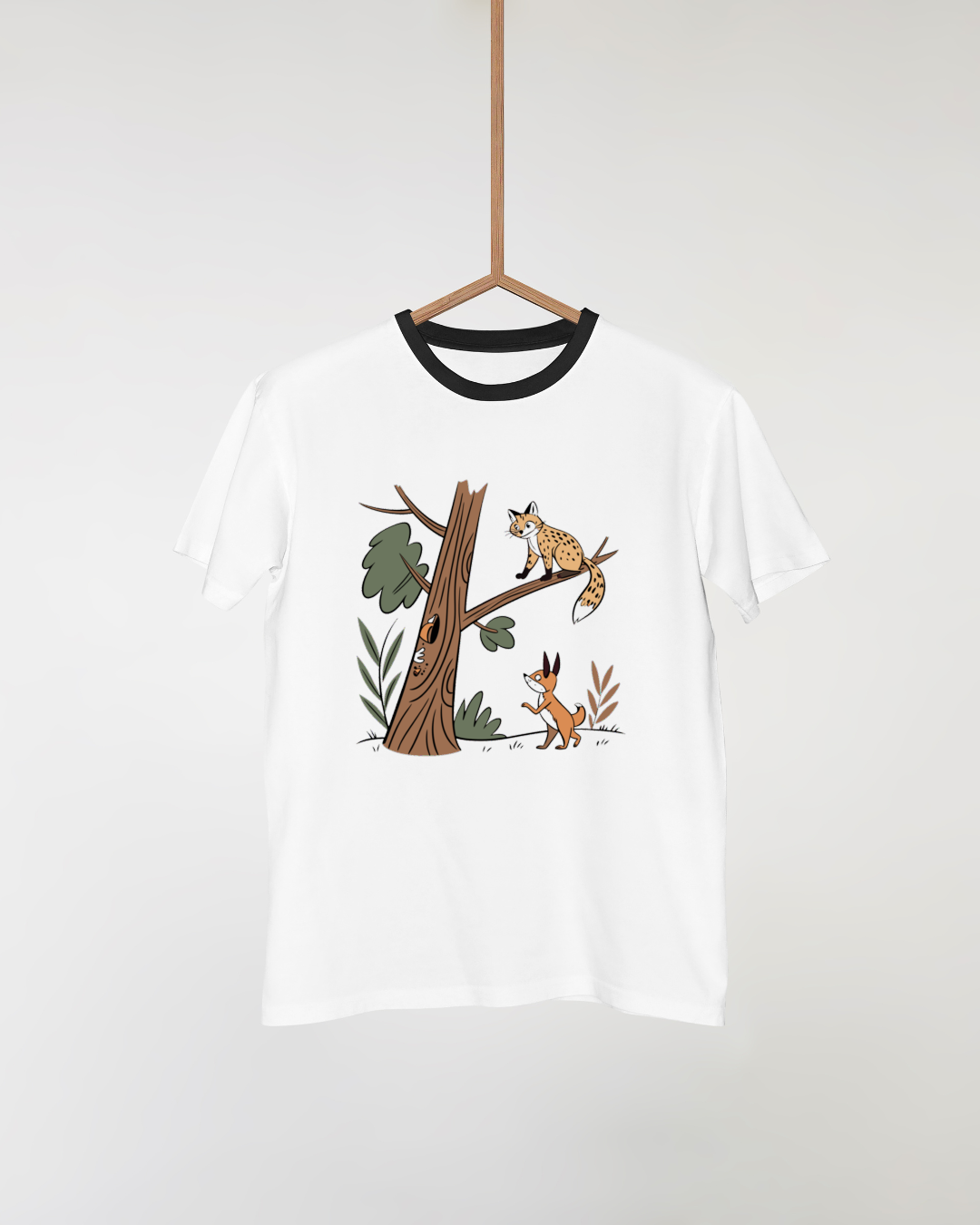 T-shirt nature avec renard curieux en forêt motif vectoriel élégant
