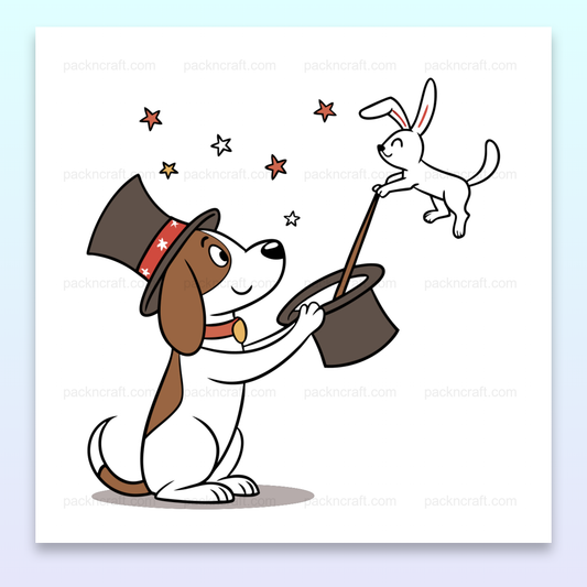 Illustration de chien magicien tirant un lapin du chapeau, usage décoratif