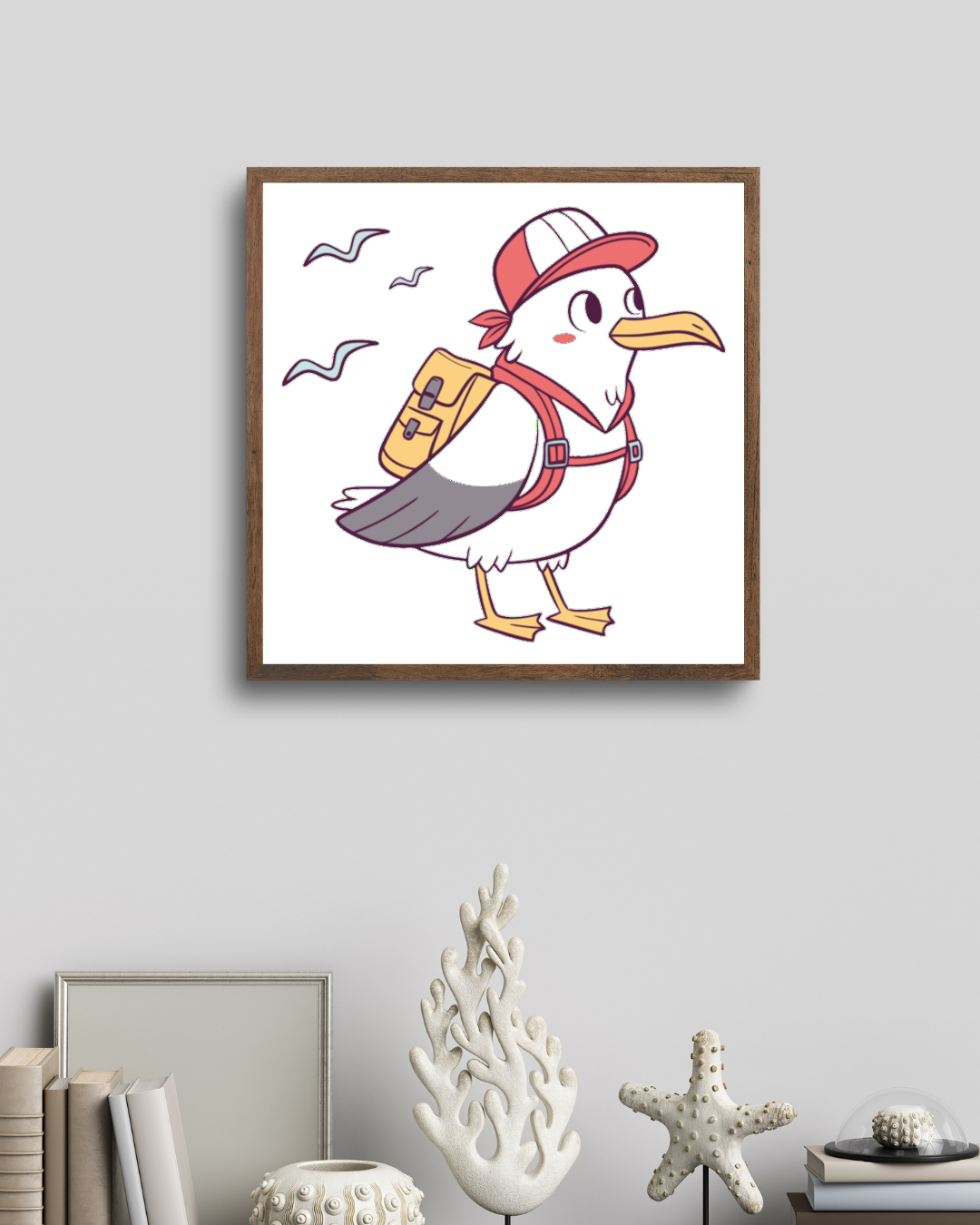Cadre avec mouette aventurière illustrée dans un style flat thème voyage