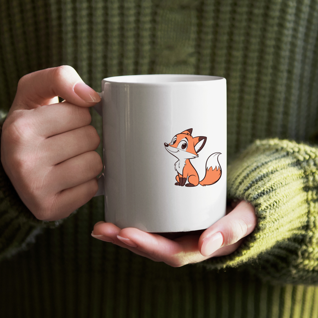Mug avec décoration de renard espiègle assis dans une ambiance de forêt magique